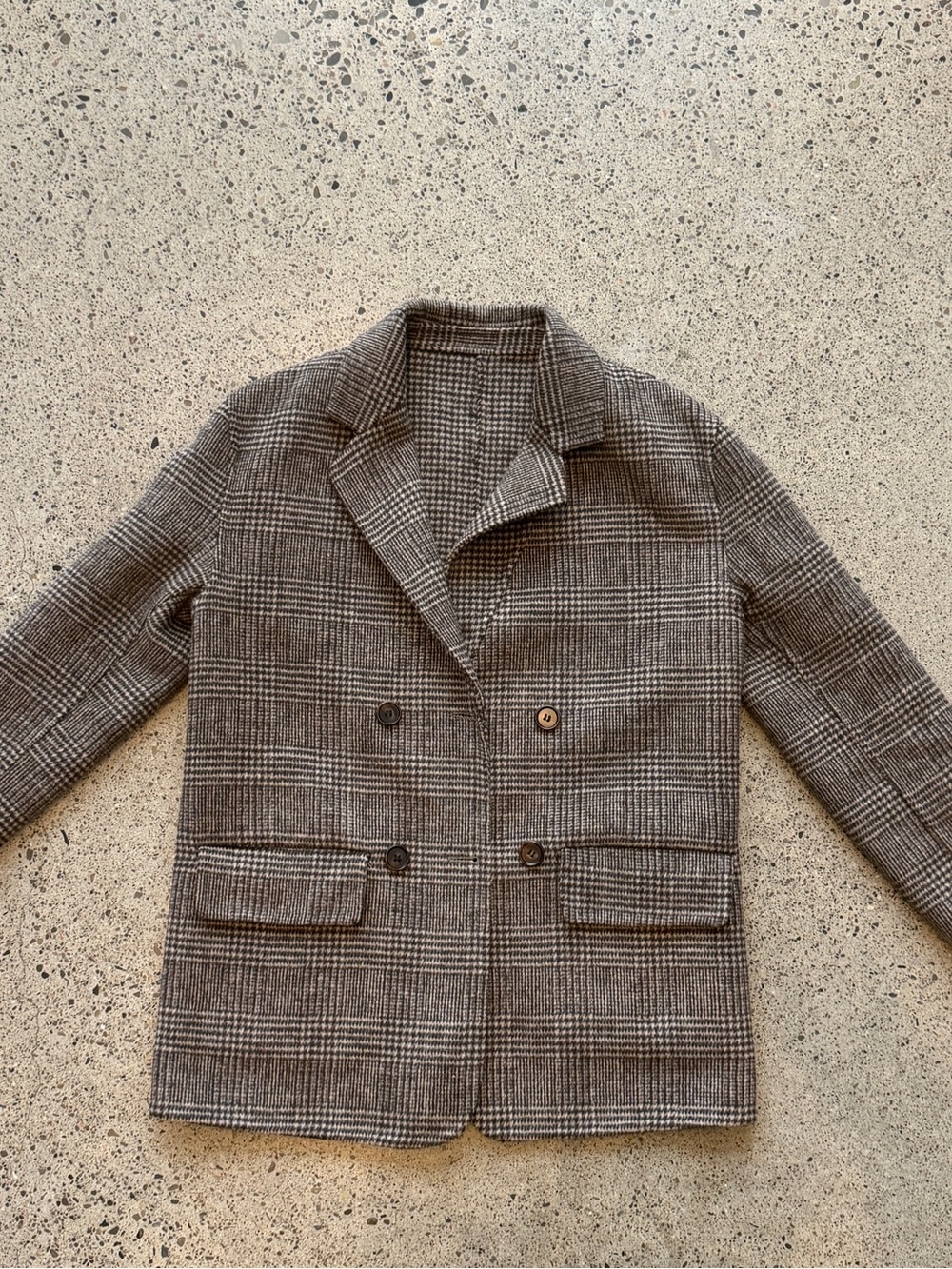 Plaid Double-Breasted Wool Blazer - Neutral Tones